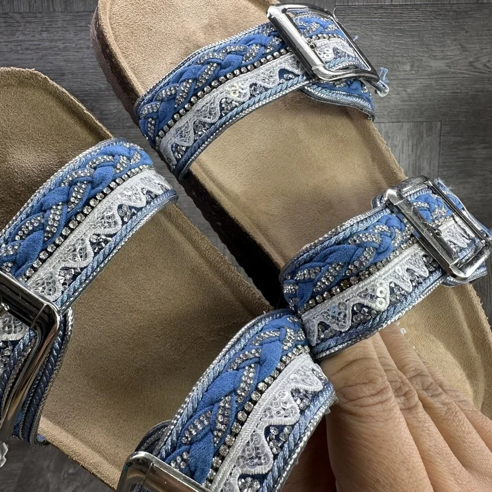 Madden Girl Sandals Women Size 7 Blue Boho Embroidered Sequin Cork Slides NEW